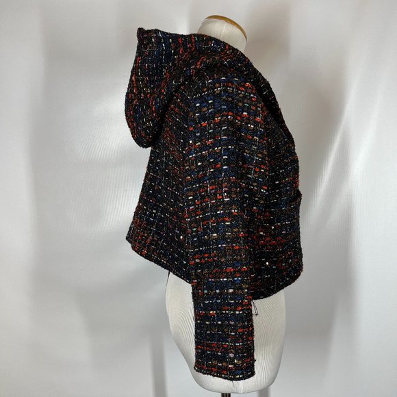 Line + Dot Size S Cropped Tweed Button-Front Jacket Hooded Metallic - Picture 4 of 12